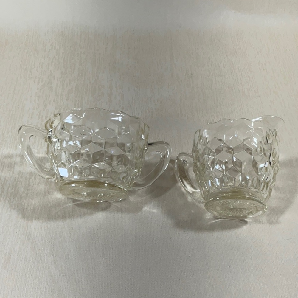 Jeannette Clear Depression Glass Cubist Pattern Open Sugar Bowl & Creamer Set